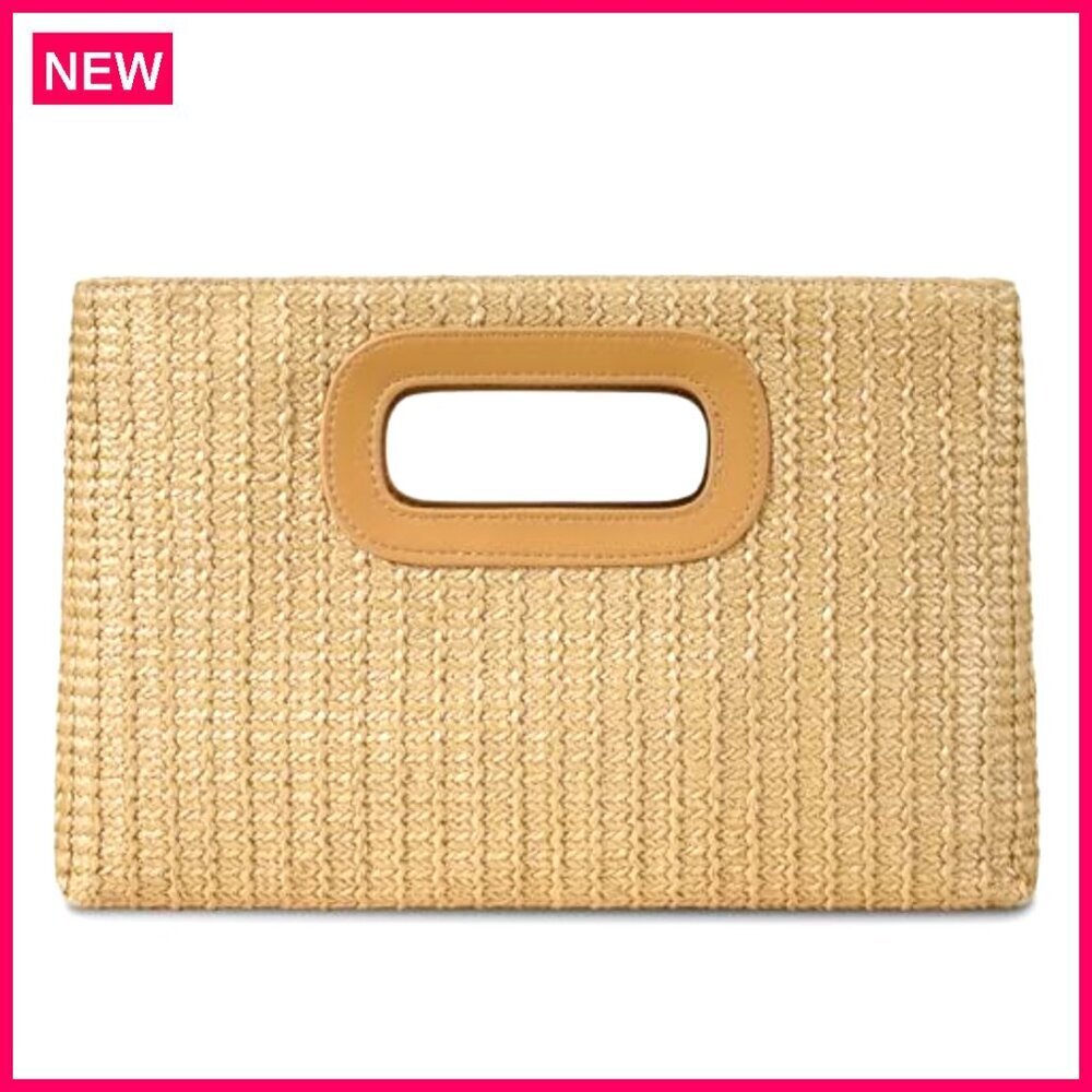 Top Handle Straw Clutch Purse with Detachable Shoulder Strap 11.3x7.5 - Picture 2 of 8